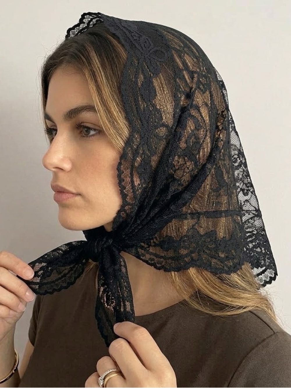 Vintage Black Lace Mourning Church Headscarf Triangular Shawl Veil
